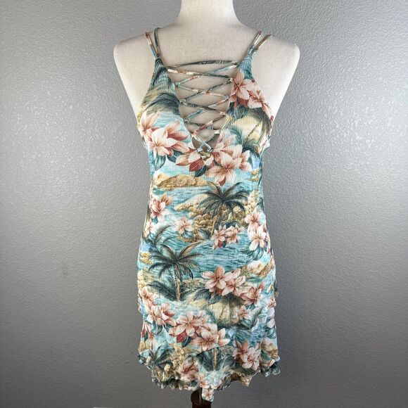 Farm Rio Mini Ruffle Sun Dress Size S P Tropical Palm Tree Lattice Front Strappy - Picture 1 of 8